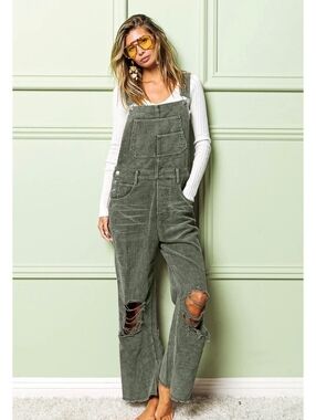 NWT Bibi Olive Green Corduroy Overalls M Distressed 90s Workwear Fall